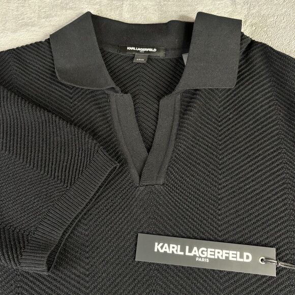 Karl Lagerfeld Shirt Mens Small Black Knit Short Sleeve Collar Pullover Top - Picture 1 of 13